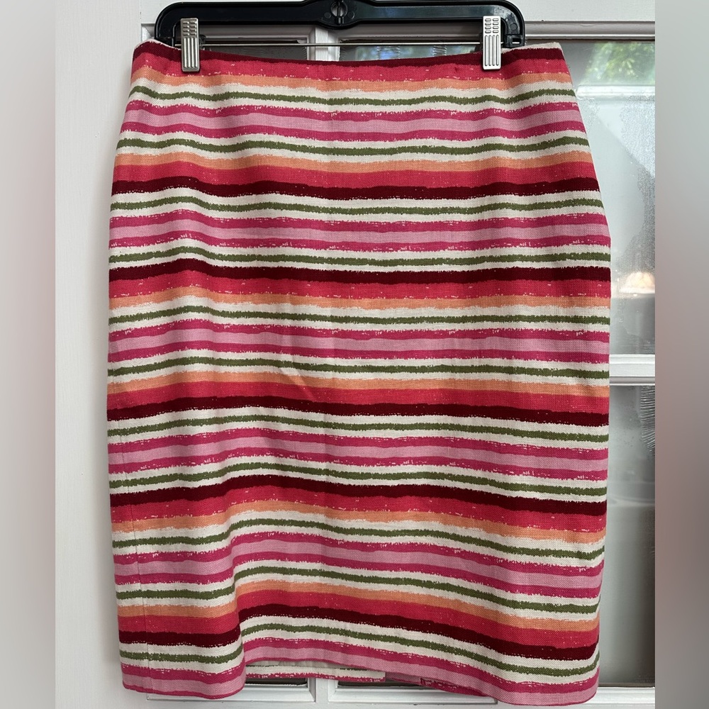 Talbots Red Green Pink Stripe Linen Pencil Skirt Knee-Length Size 12 Large L